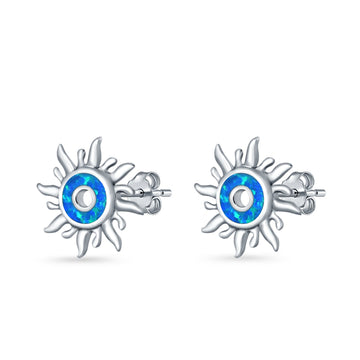 Sun Stud Earrings Lab Created Blue Opal 925 Sterling Silver (11mm)